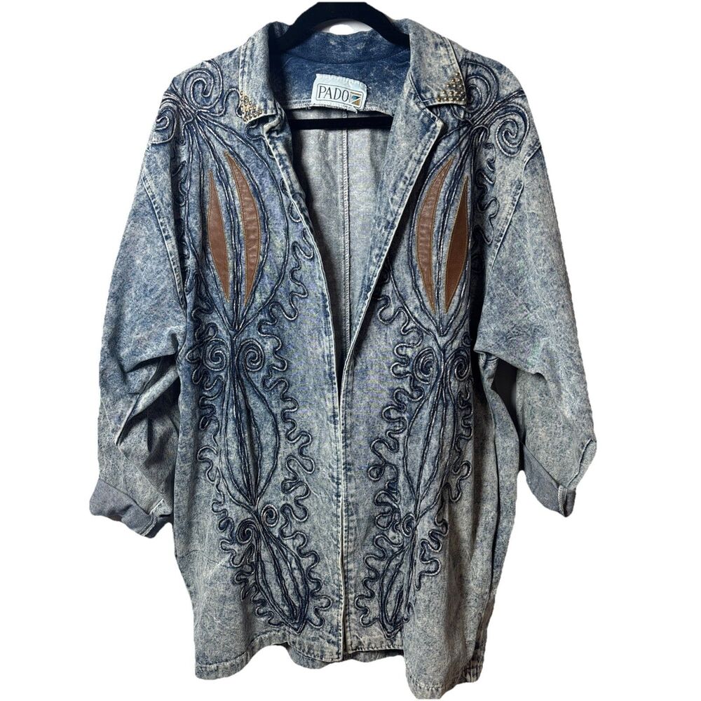 Vintage 80s 90s PADO Denim Jacket L Acid Wash Embroidered leather patches
